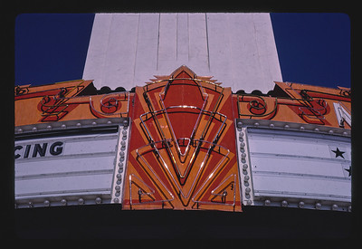 Merced Theater, marquee neon detail, Main Street, Merced, California (LOC), by photographer John Margolies, 1987.